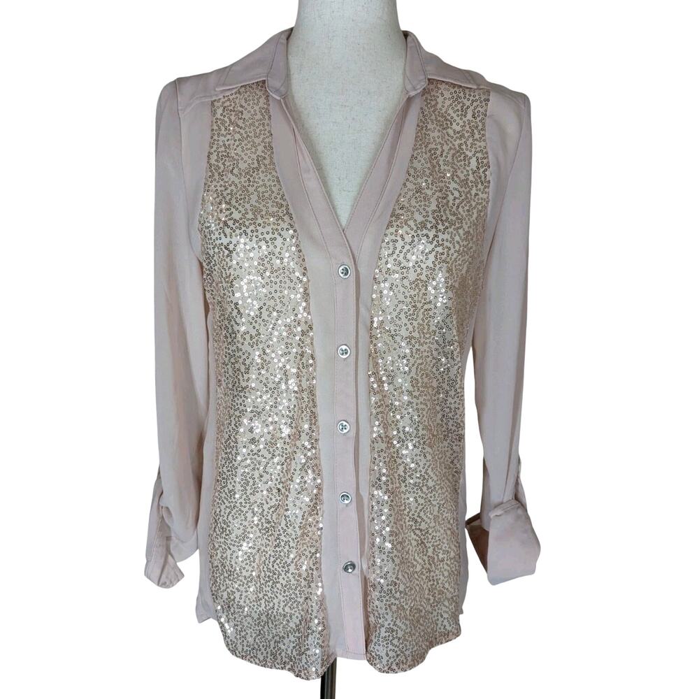 Vanity Blush Pink Sheer Sequin Blouse Women's Medium Long Roll Tab Sleeves New